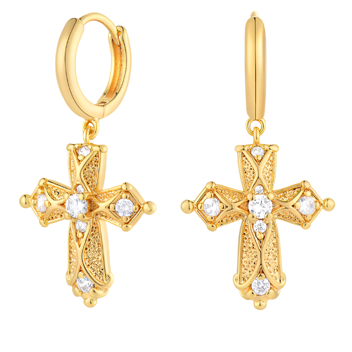 Luxe Beaded Cross Diamante Earrings – Anti-Tarnish Gold Finish