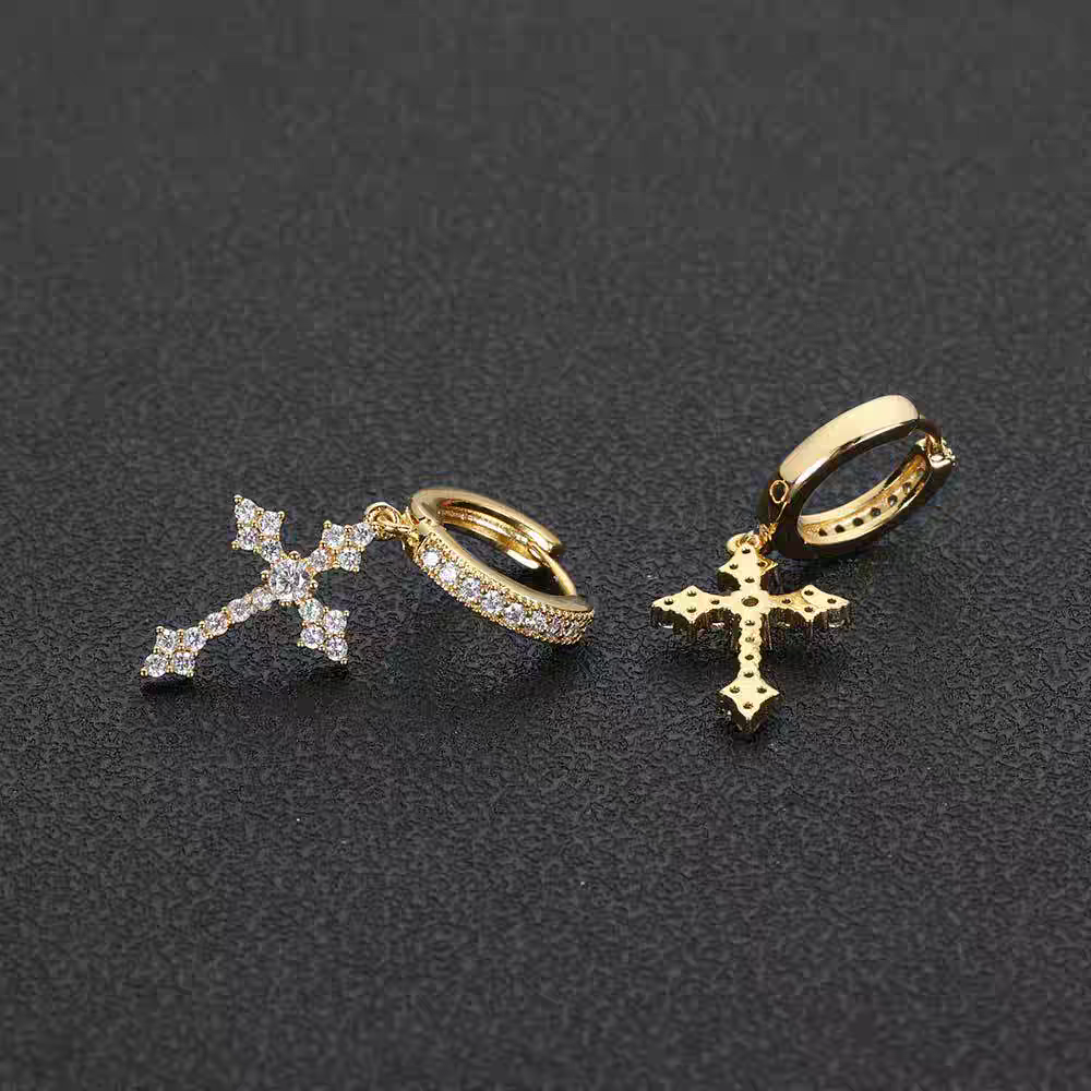 Cubic Zirconia Hoops with Cross – Classic Gold & White Gold (34×13mm)