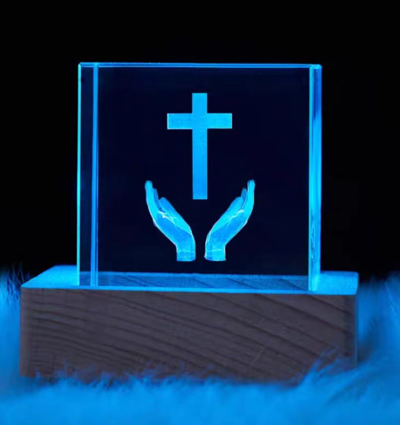 Luminous Engraved Christian Crystal Cube - Cross Gift
