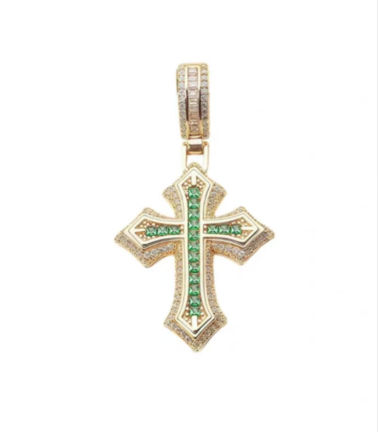 Emrald embellished 18K gold cross pendant