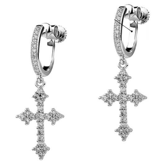 Cubic Zirconia Hoops with Cross – Classic Gold & White Gold (34×13mm)