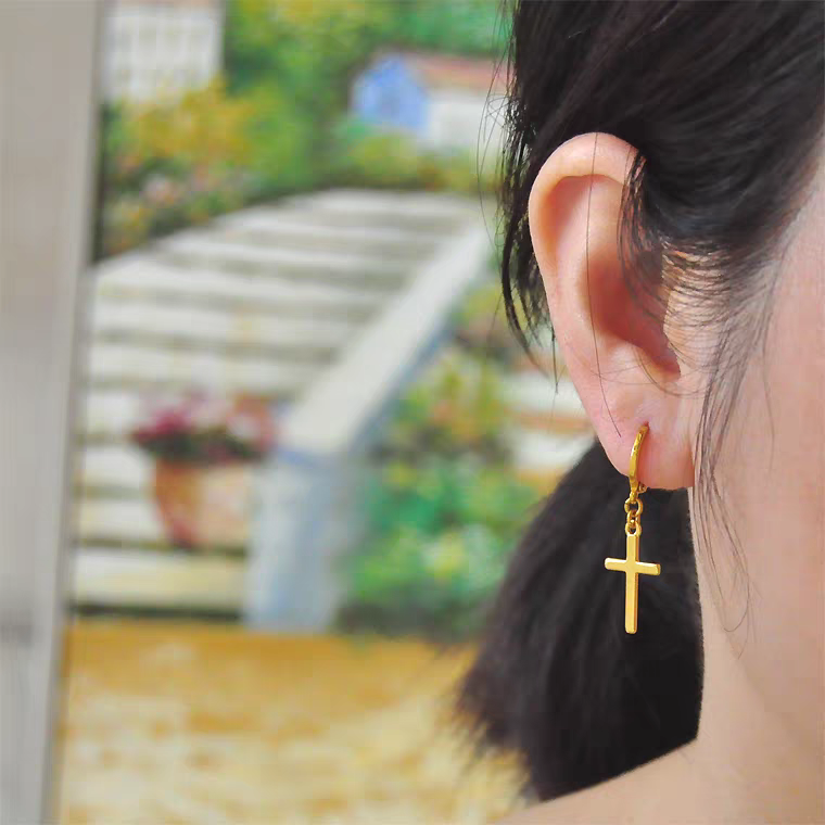 Pure 24k Gold Cross Hoop Earings - 34mm x 12mm, 4g with Velvet gift box