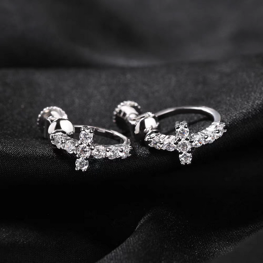 Cross Stud Screw-Lock Earrings – Copper & Zircon in Sterling Silver or Black