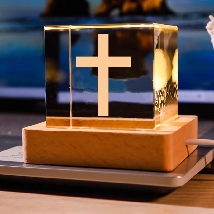 Luminous Engraved Christian Crystal Cube - Cross Gift