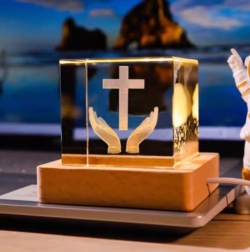 Luminous Engraved Christian Crystal Cube - Cross Gift