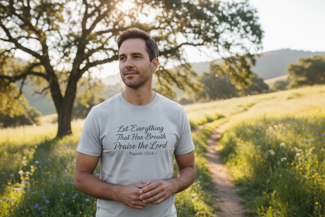 Men’s Cotton T-Shirt – Psalms 150:6 “Let Everything That Has Breath Praise the Lord