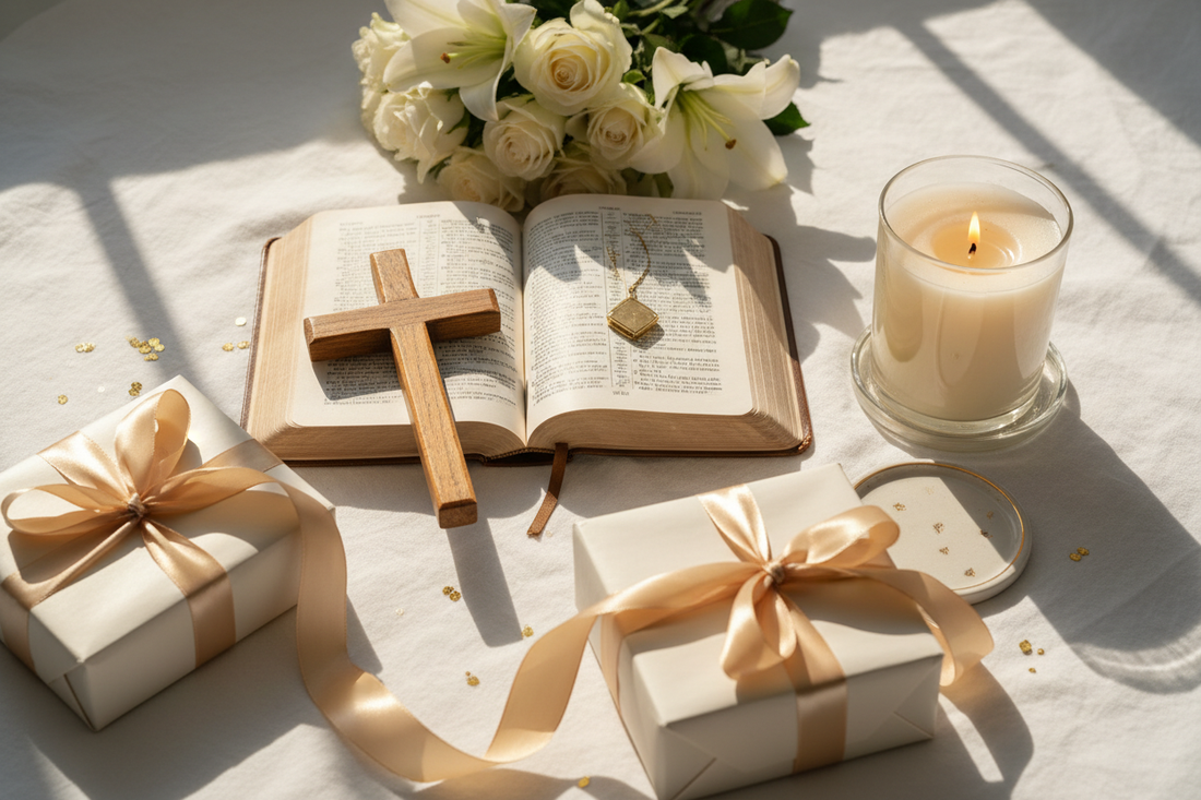 Meaningful Christian gifts including wooden cross, Bible, and wrapped presents for faith-based celebrations