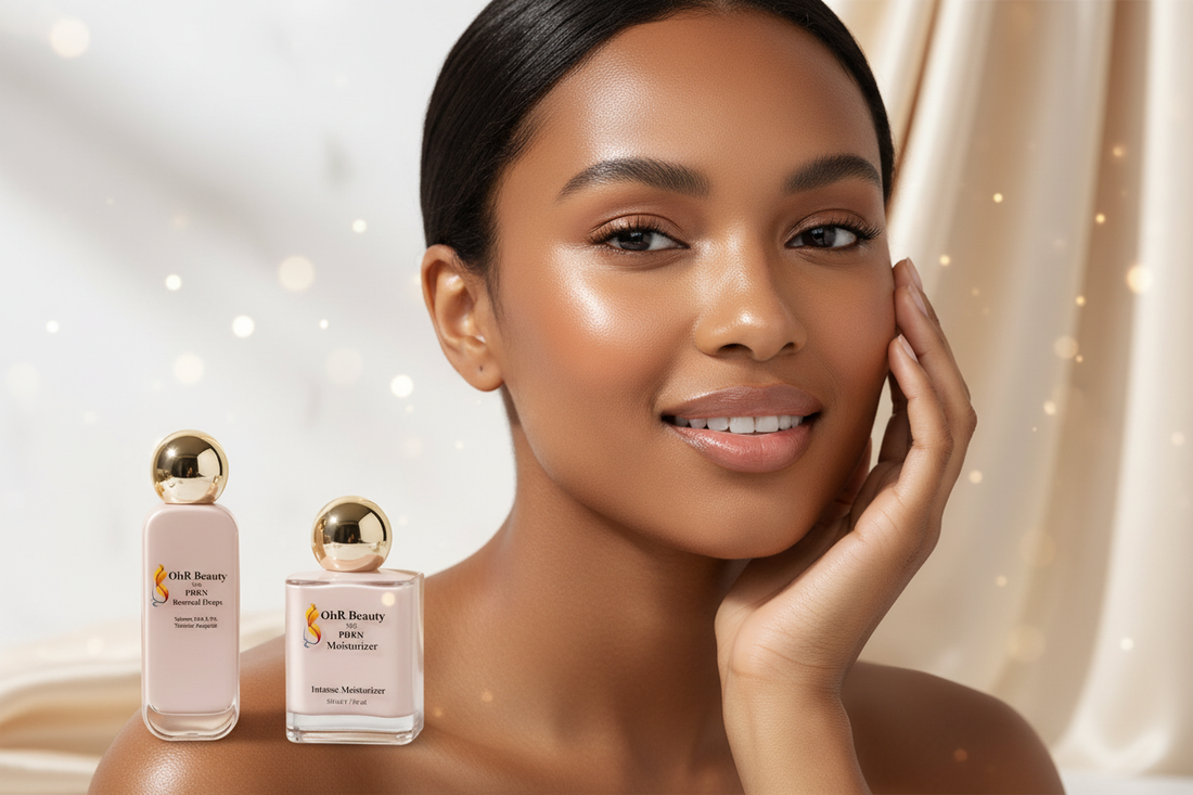 Beautiful woman with medium brown skin showing radiant glow using OhR Beauty PDRN serum for hyperpigmentation and dark spots
