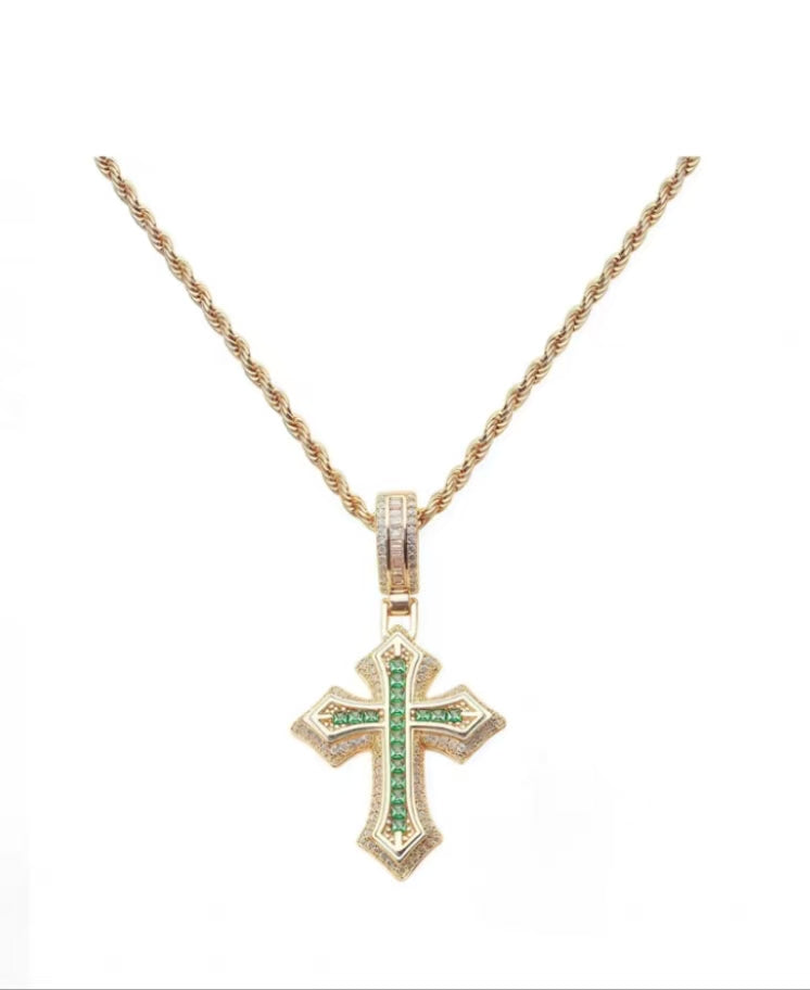 Emrald embellished 18K gold cross pendant with gold twist chain