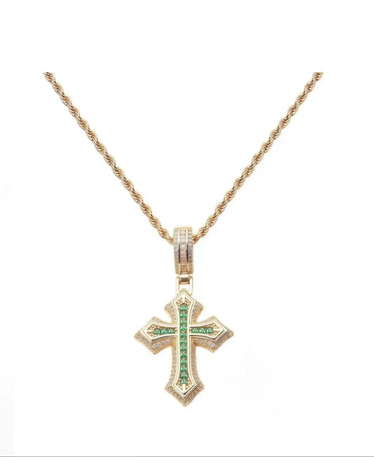 Emrald embellished 18K gold cross pendant with gold twist chain