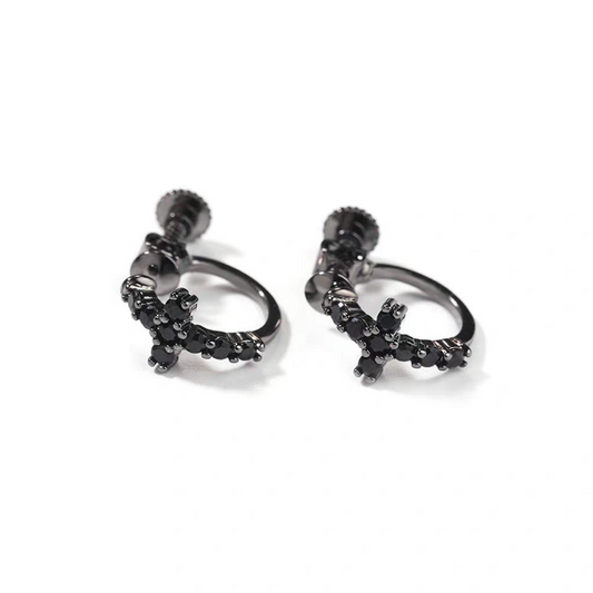 Cross Stud Screw-Lock Earrings – Copper & Zircon in Sterling Silver or Black