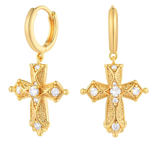 Luxe Beaded Cross Diamante Earrings – Anti-Tarnish Gold Finish