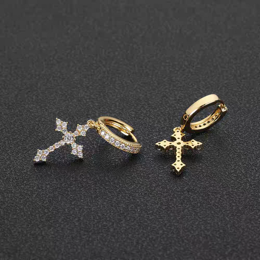 Cubic Zirconia Hoops with Cross – Classic Gold & White Gold (34×13mm)