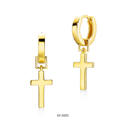 Pure 24k Gold Cross Hoop Earings - 34mm x 12mm, 4g with Velvet gift box