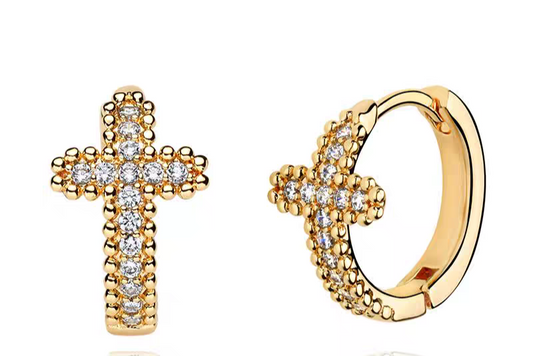 14K Gold Diamante Cross Hoop Earings - 14.3mm x 11.5mm