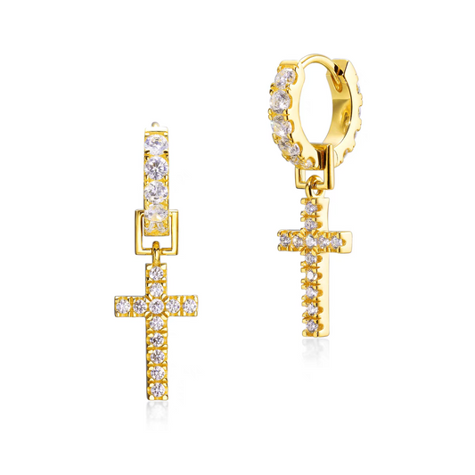 Radiant Cross Diamante Hoops – 18K Classic Gold & White Gold (13mm)
