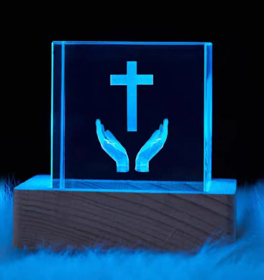Luminous Engraved Christian Crystal Cube - Cross Gift