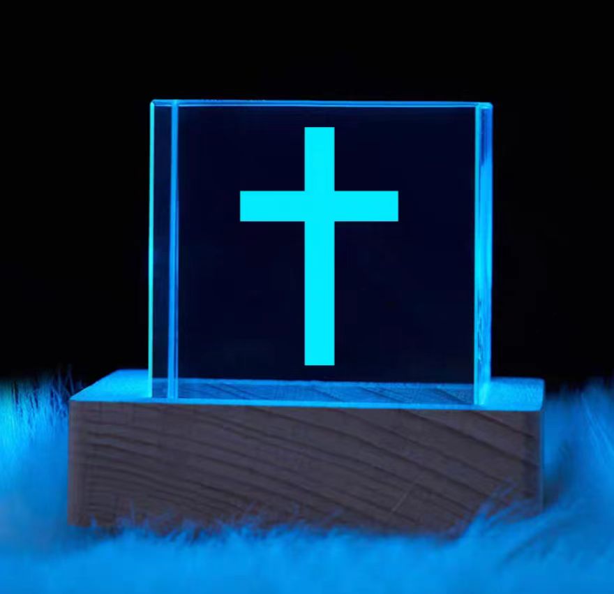 Luminous Engraved Christian Crystal Cube - Cross Gift