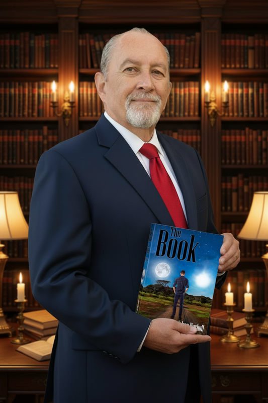 Johan Boshoff holding The Book in an elegant library setting
