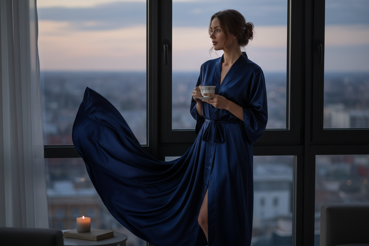 Navy Blue Silk Robe Lifestyle