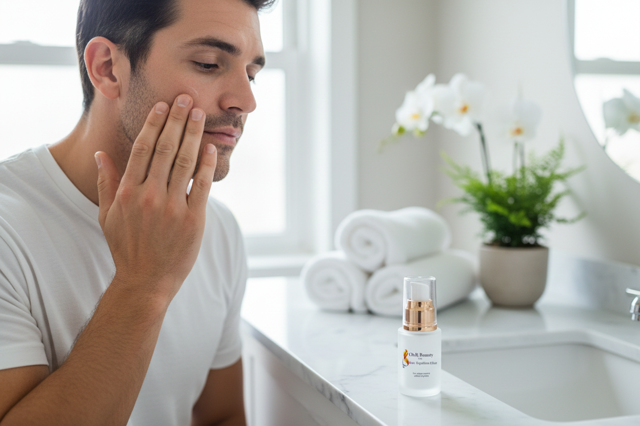 OhR Beauty Zinc Équilibre Elixir - Man Applying with Correct Bottle